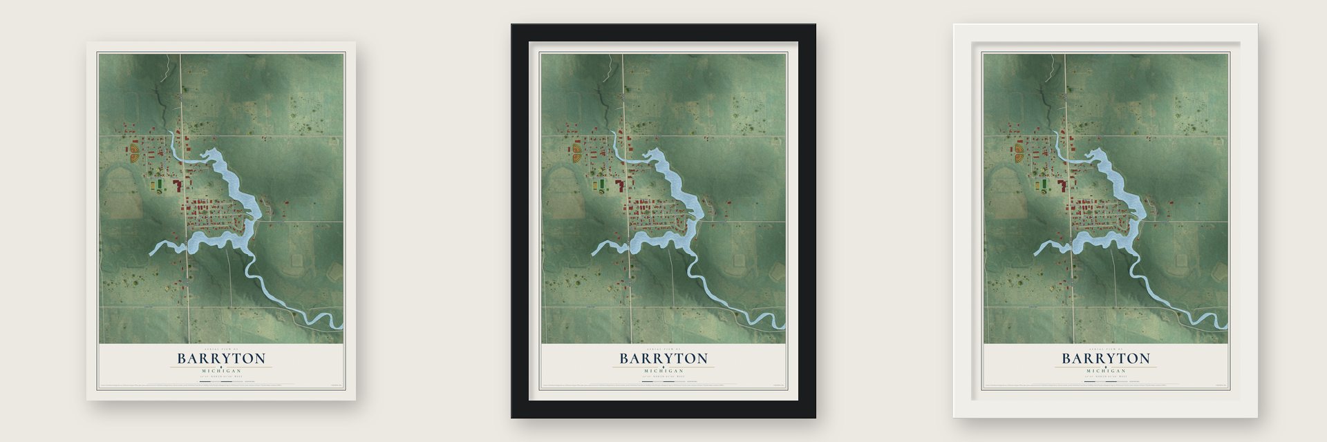 Barryton, Michigan map unframed, in a black wood frame and in a white wood frame