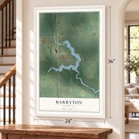 Barryton, Michigan map, 24 x 36 inch print in a white frame by a staircase
