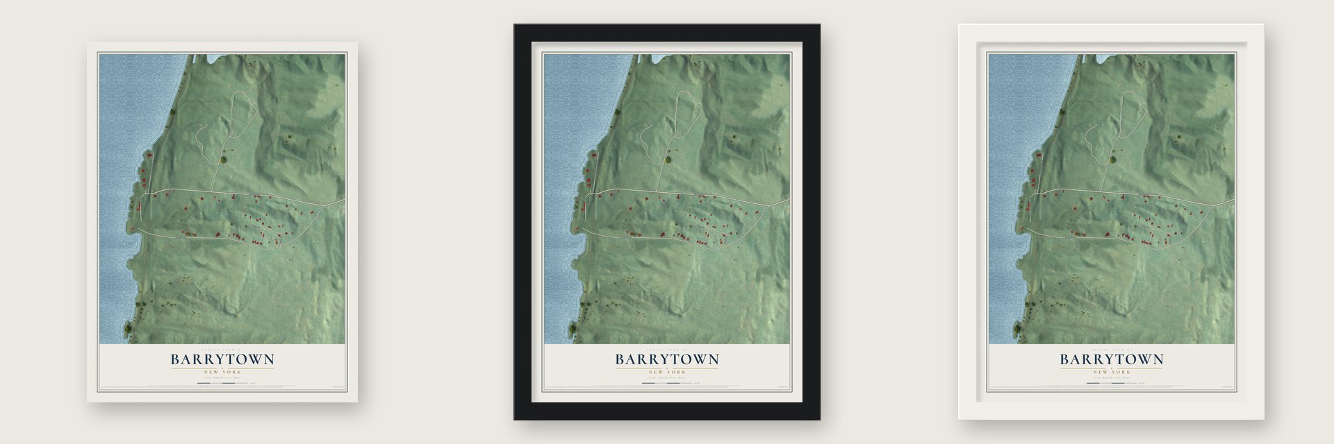Barrytown, New York map unframed, in a black wood frame and in a white wood frame