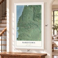 Barrytown, New York map, 24 x 36 inch print in a white frame by a staircase