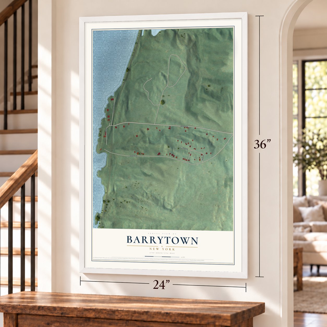 Barrytown, New York map, 24 x 36 inch print in a white frame by a staircase