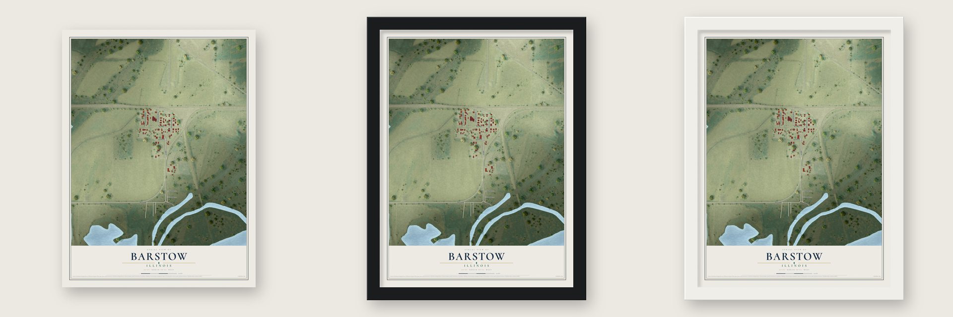 Barstow, Illinois map unframed, in a black wood frame and in a white wood frame