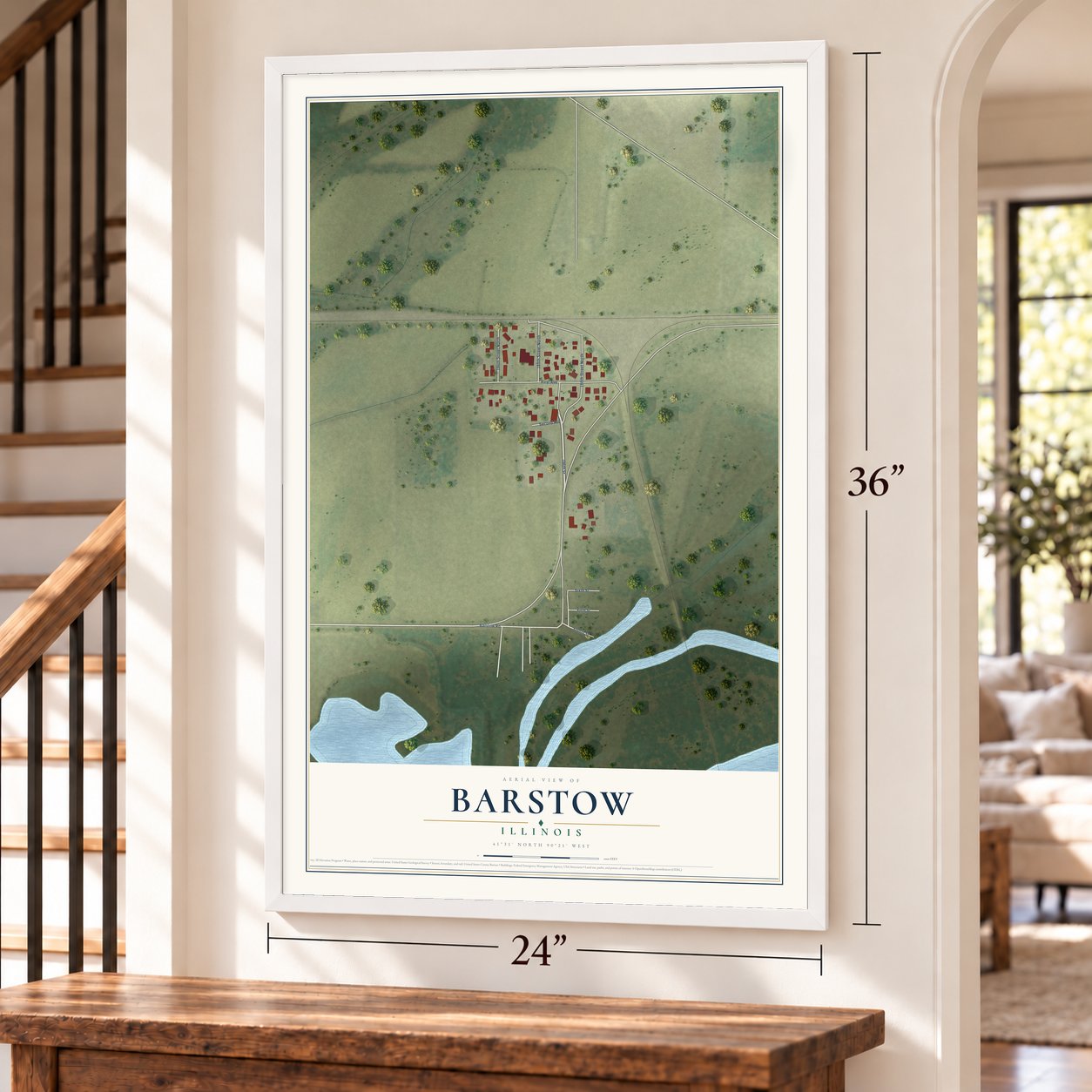 Barstow, Illinois map, 24 x 36 inch print in a white frame by a staircase
