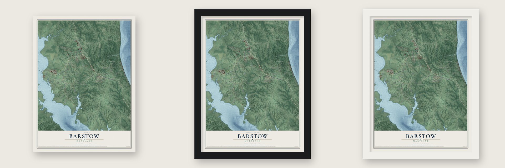 Barstow, Maryland map unframed, in a black wood frame and in a white wood frame