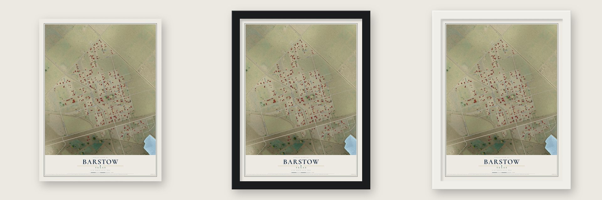 Barstow, Texas map unframed, in a black wood frame and in a white wood frame