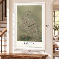 Barstow, Texas map, 24 x 36 inch print in a white frame by a staircase