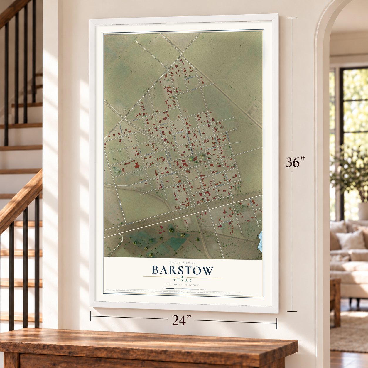 Barstow, Texas map, 24 x 36 inch print in a white frame by a staircase
