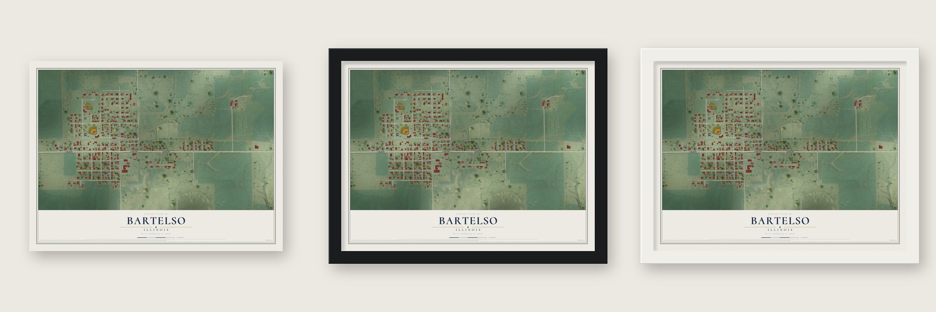 Bartelso, Illinois map unframed, in a black wood frame and in a white wood frame