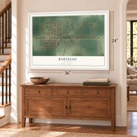 Bartelso, Illinois map, 24 x 36 inch print in a white frame above a dresser by a staircase
