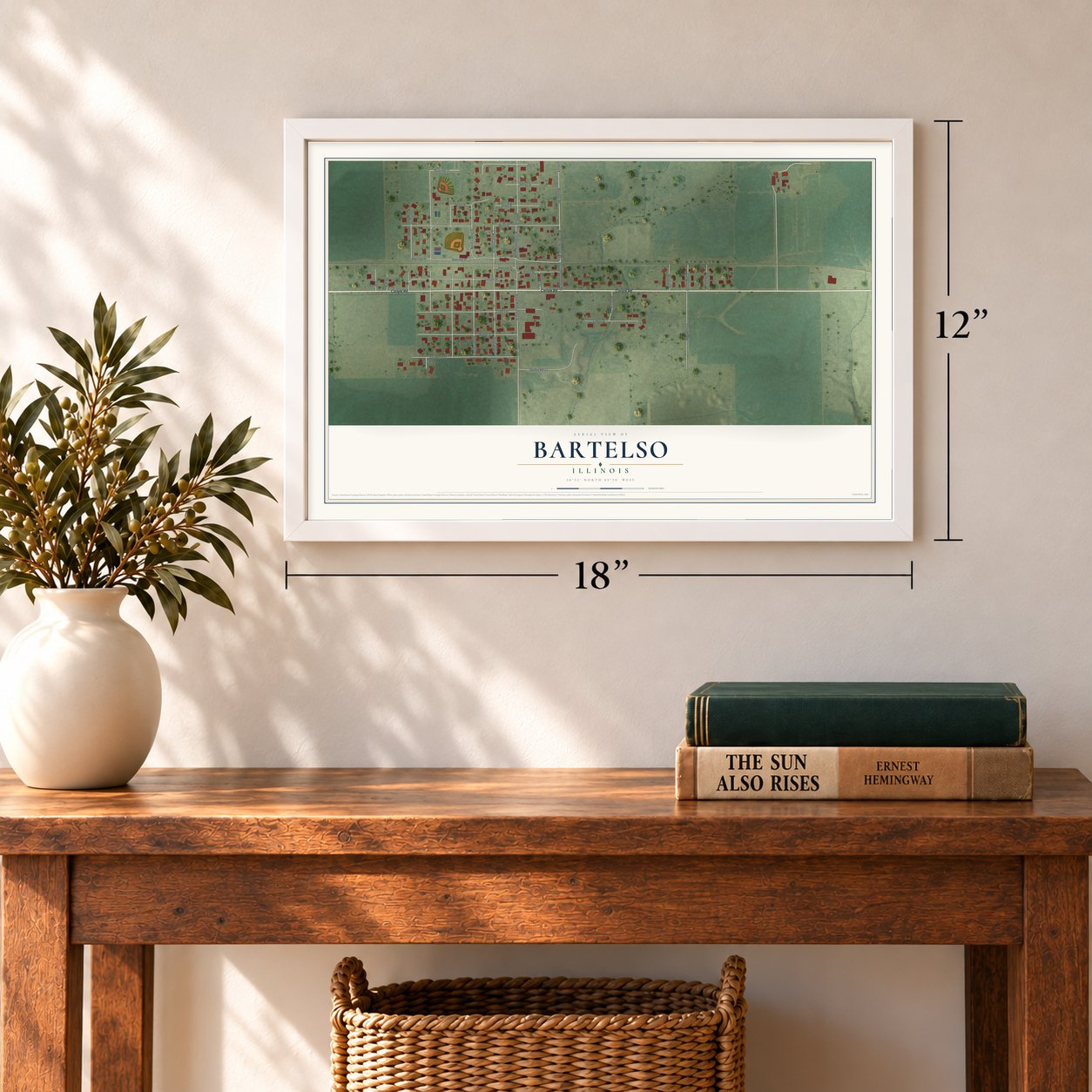 Bartelso, Illinois map, 12 x 18 inch print in a white frame in an entryway