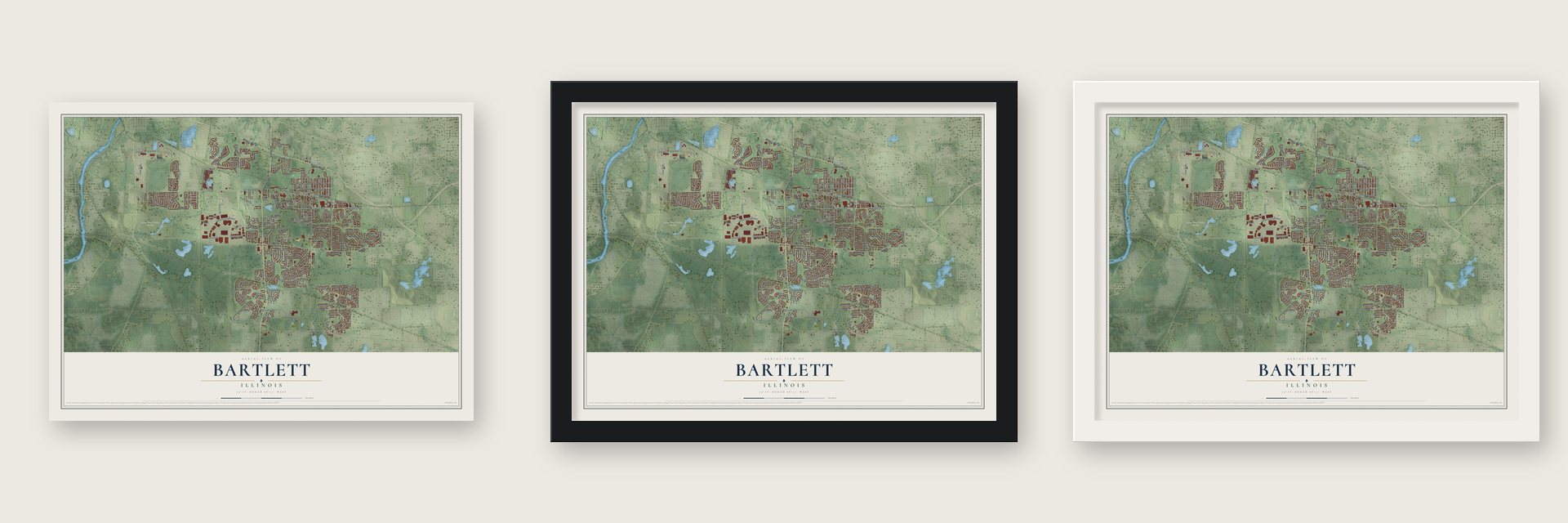 Bartlett, Illinois map unframed, in a black wood frame and in a white wood frame
