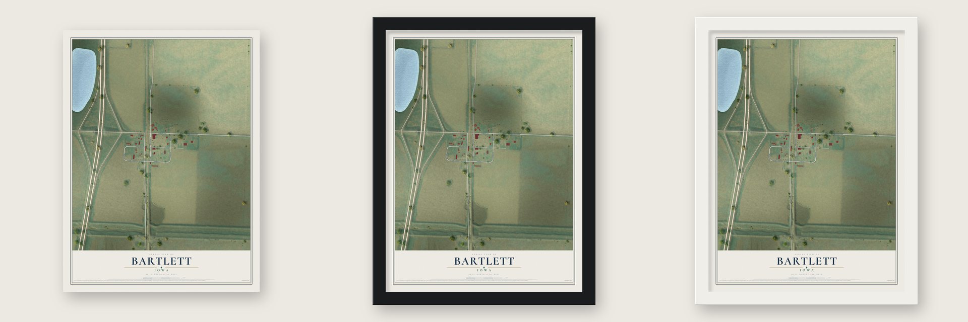 Bartlett, Iowa map unframed, in a black wood frame and in a white wood frame