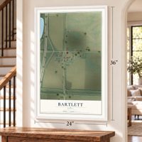 Bartlett, Iowa map, 24 x 36 inch print in a white frame by a staircase