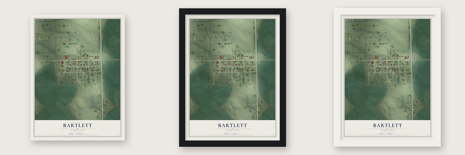 Bartlett, Nebraska map unframed, in a black wood frame and in a white wood frame