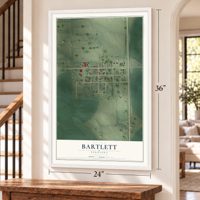 Bartlett, Nebraska map, 24 x 36 inch print in a white frame by a staircase