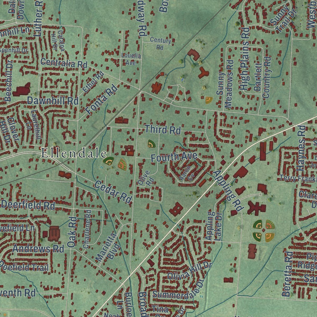 Second close-up of the map of Bartlett, Tennessee print showing more streets and buildings