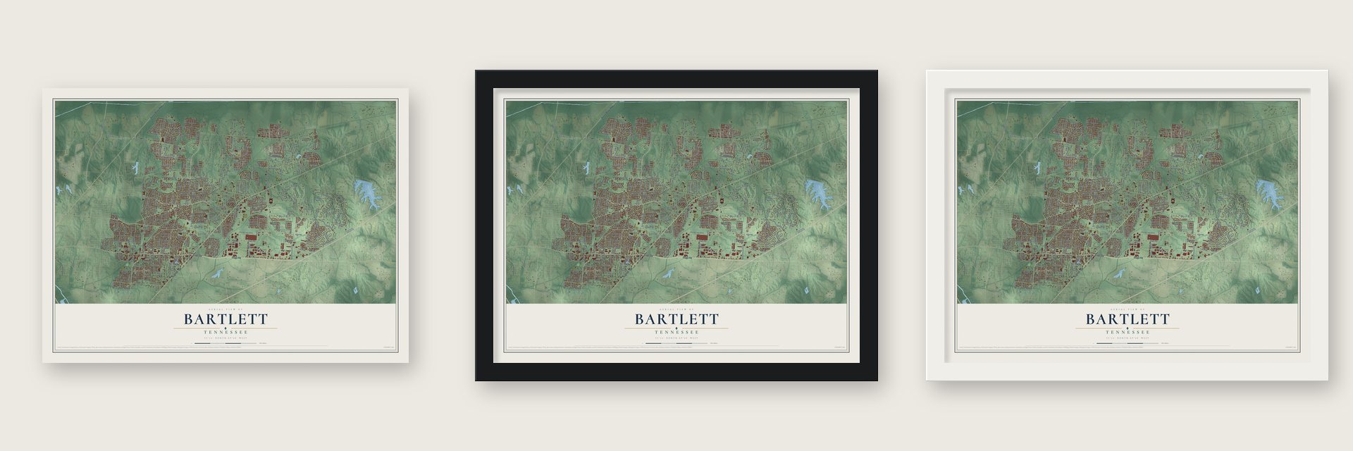 Bartlett, Tennessee map unframed, in a black wood frame and in a white wood frame