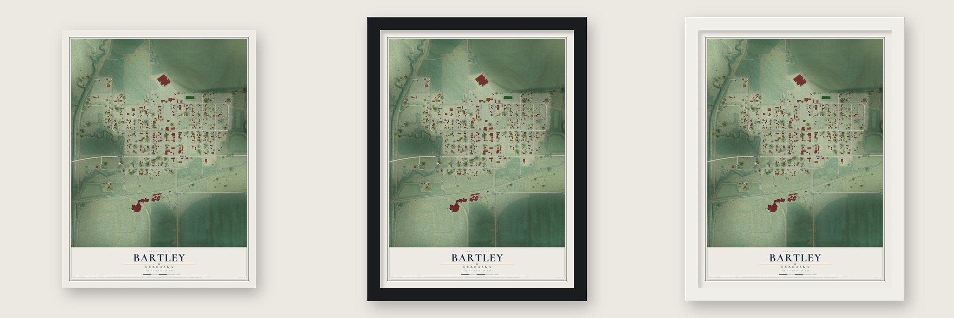 Bartley, Nebraska map unframed, in a black wood frame and in a white wood frame
