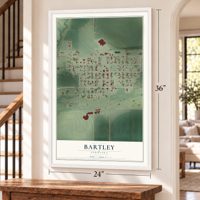 Bartley, Nebraska map, 24 x 36 inch print in a white frame by a staircase