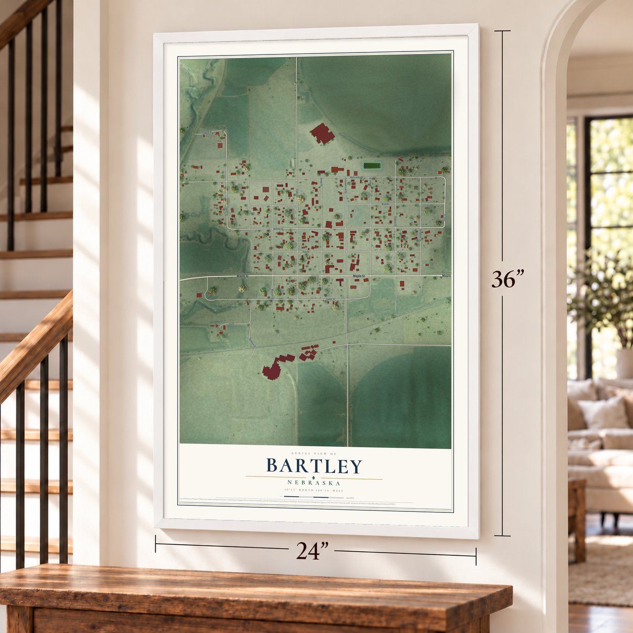 Bartley, Nebraska map, 24 x 36 inch print in a white frame by a staircase
