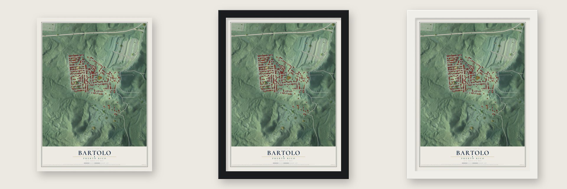 Bartolo, Puerto Rico map unframed, in a black wood frame and in a white wood frame