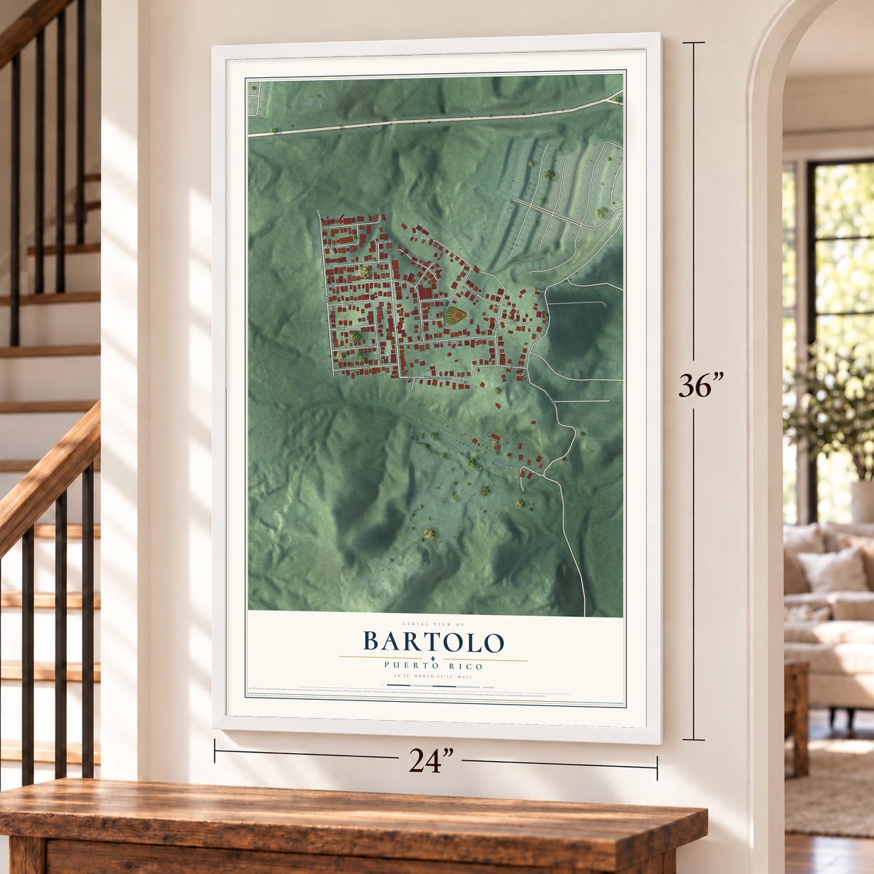 Bartolo, Puerto Rico map, 24 x 36 inch print in a white frame by a staircase