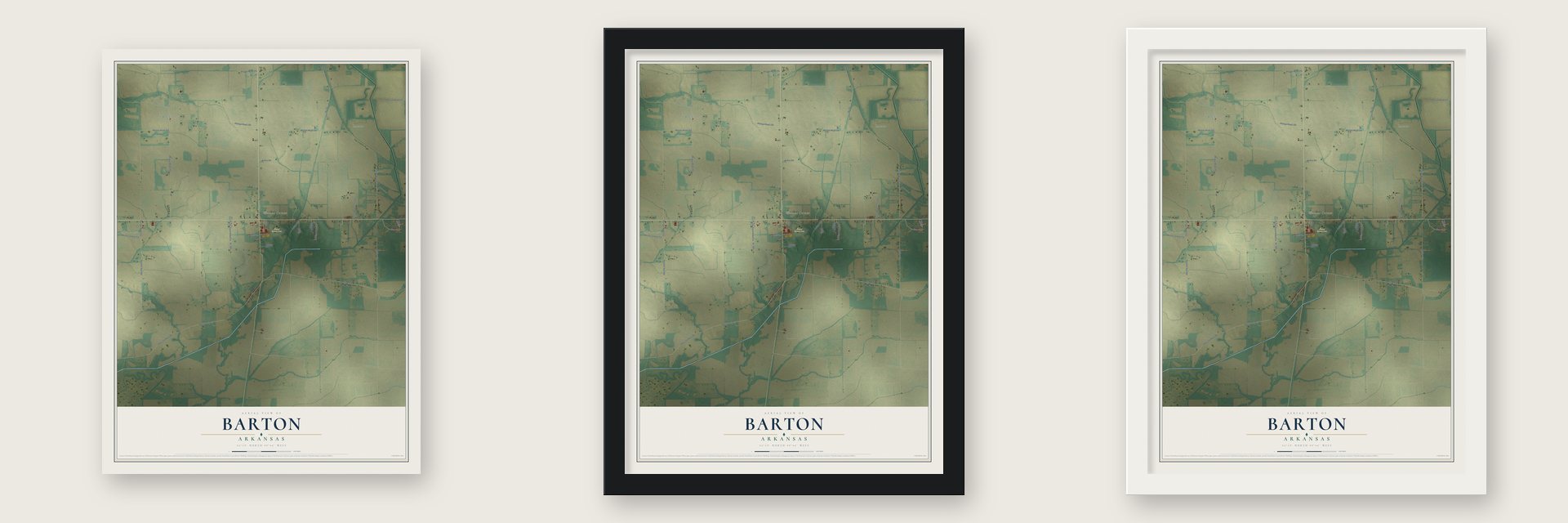 Barton, Arkansas map unframed, in a black wood frame and in a white wood frame