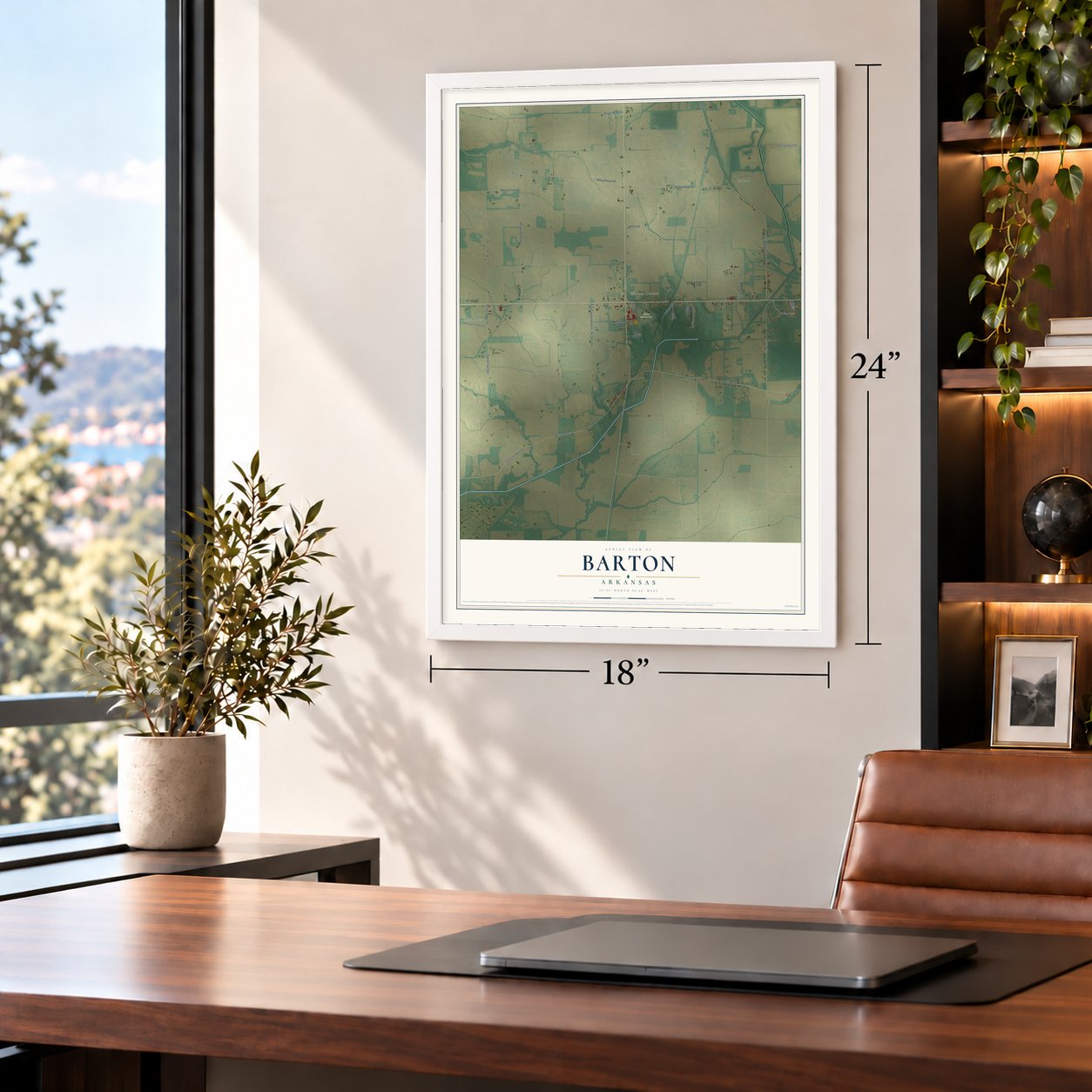 Barton, Arkansas map, 18 x 24 inch print in a white frame in a home office