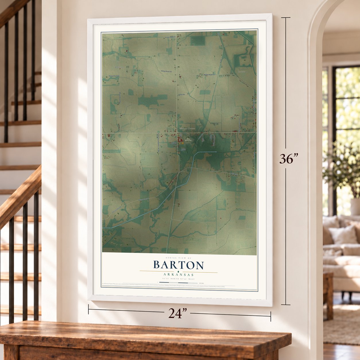 Barton, Arkansas map, 24 x 36 inch print in a white frame by a staircase