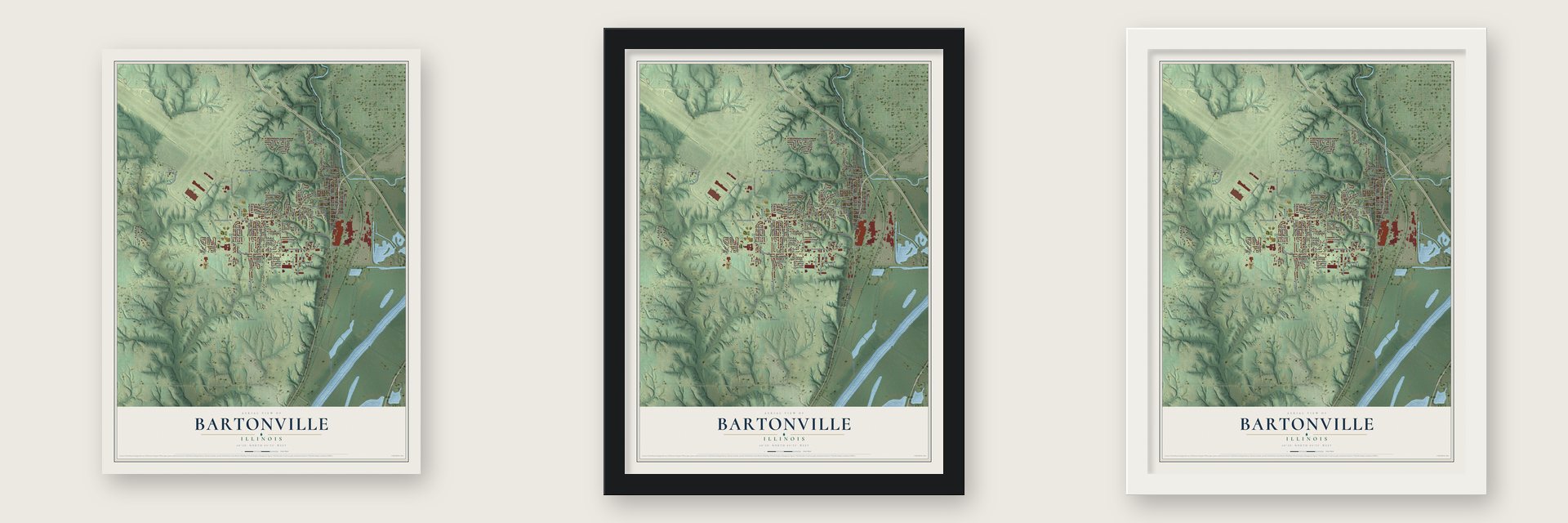 Bartonville, Illinois map unframed, in a black wood frame and in a white wood frame