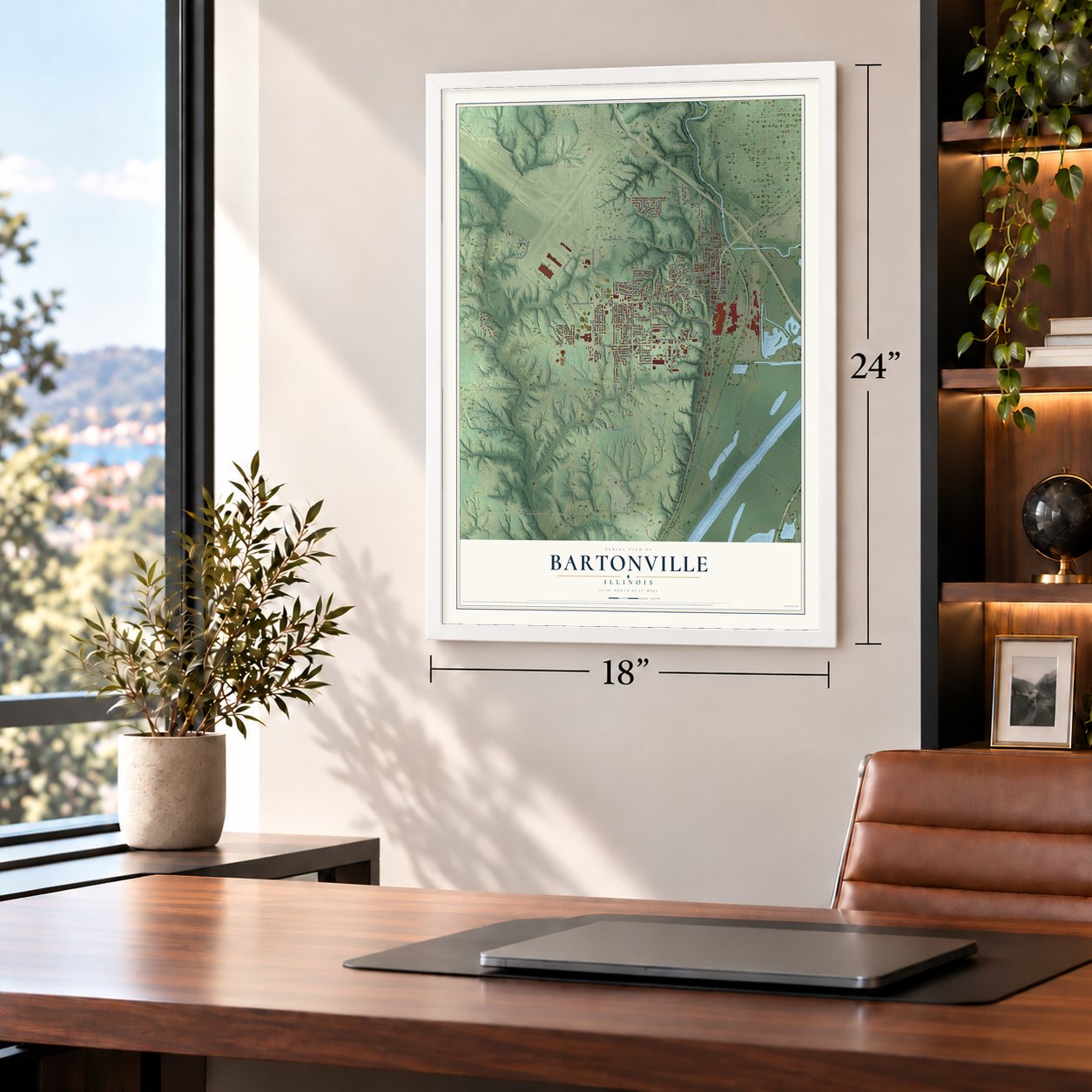 Bartonville, Illinois map, 18 x 24 inch print in a white frame in a home office