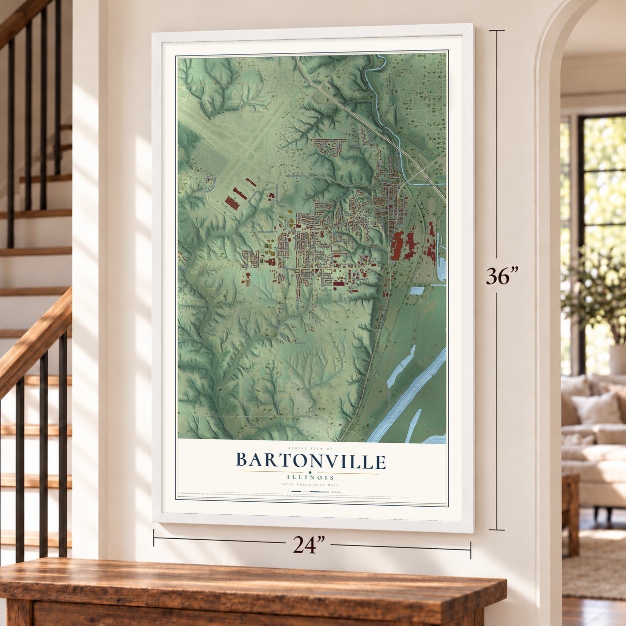 Bartonville, Illinois map, 24 x 36 inch print in a white frame by a staircase