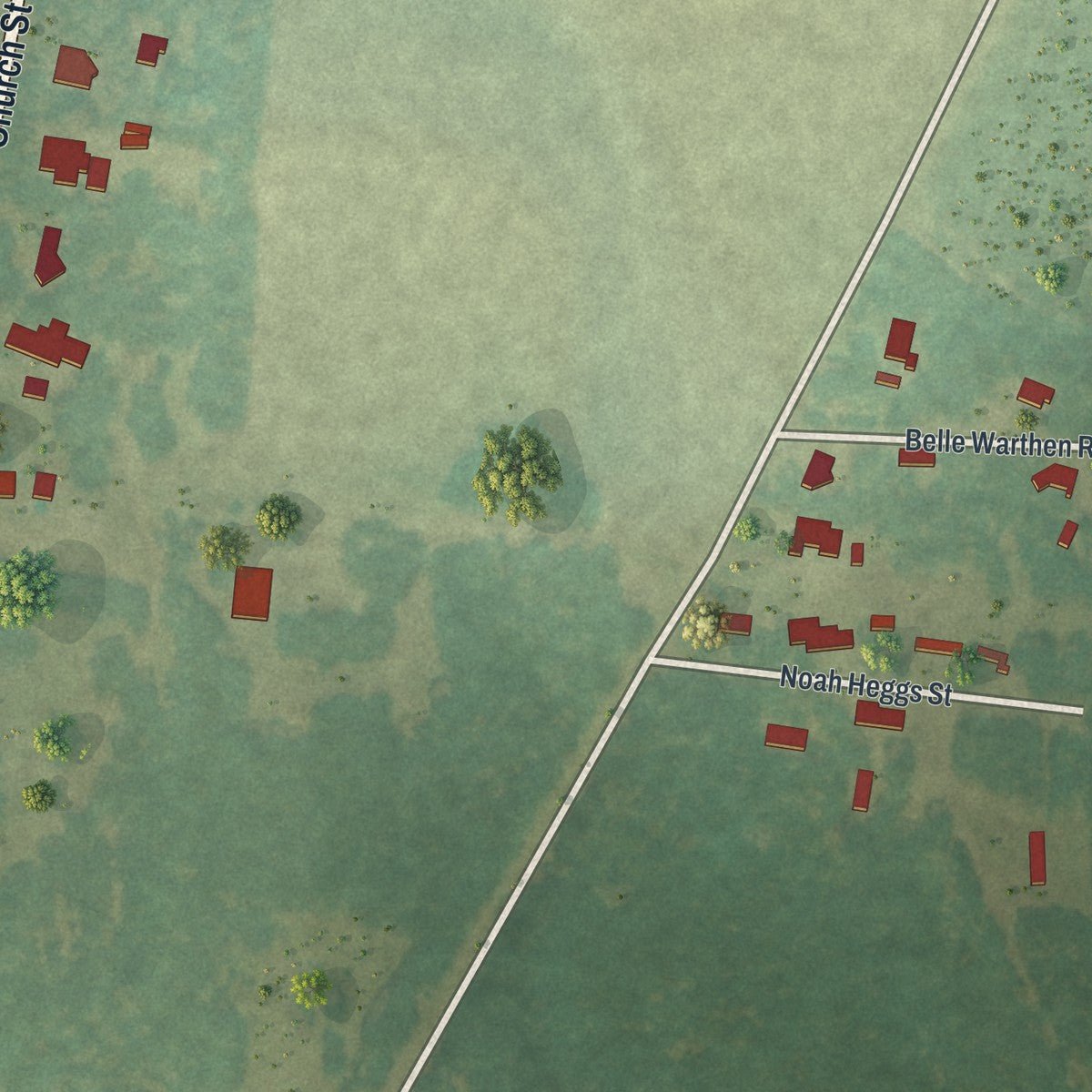 Second close-up of the map of Bartow, Georgia print showing more streets and buildings