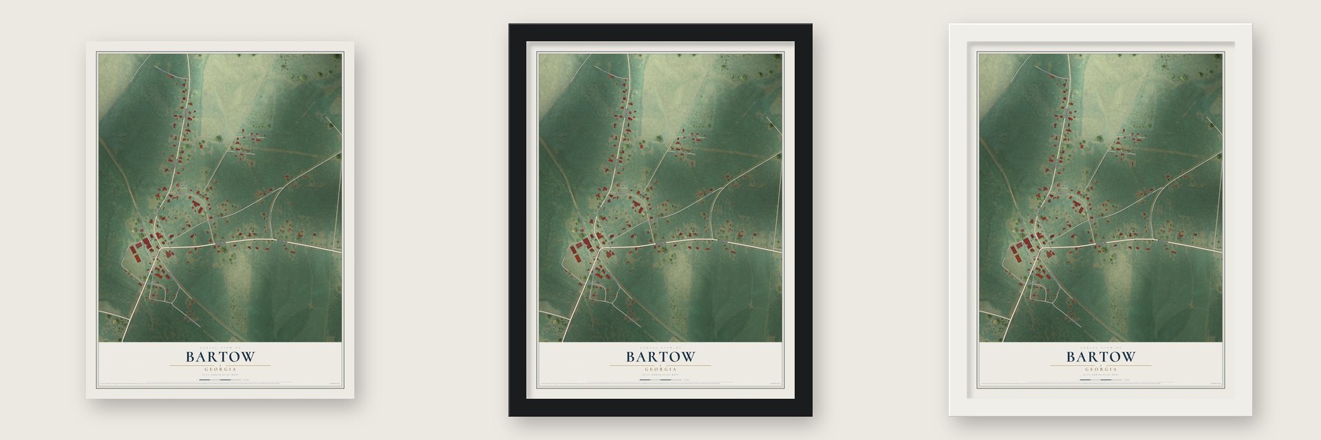 Bartow, Georgia map unframed, in a black wood frame and in a white wood frame