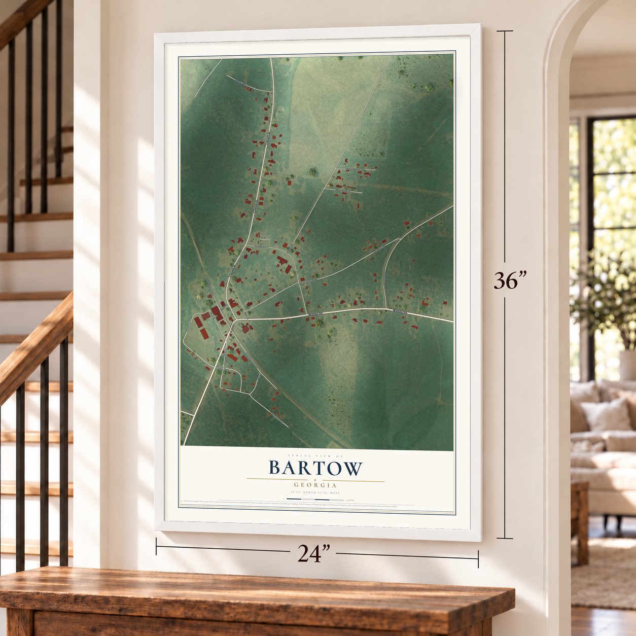 Bartow, Georgia map, 24 x 36 inch print in a white frame by a staircase
