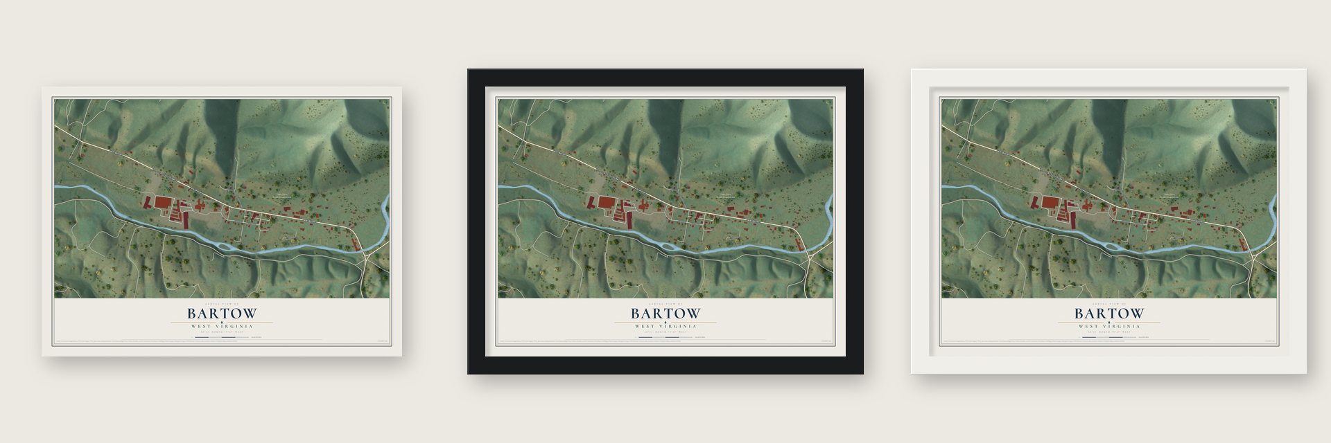 Bartow, West Virginia map unframed, in a black wood frame and in a white wood frame