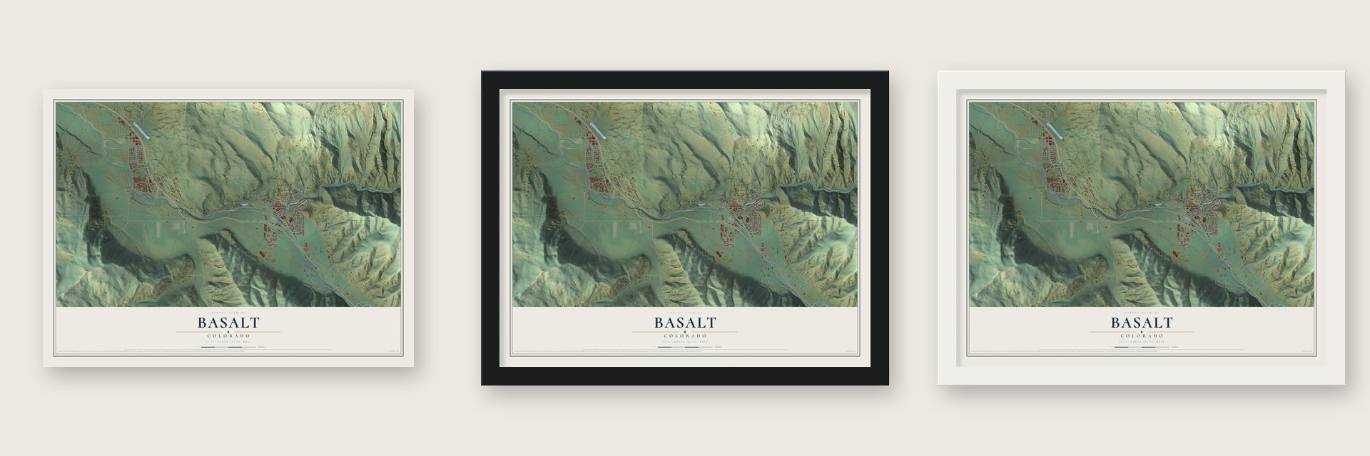 Basalt, Colorado map unframed, in a black wood frame and in a white wood frame