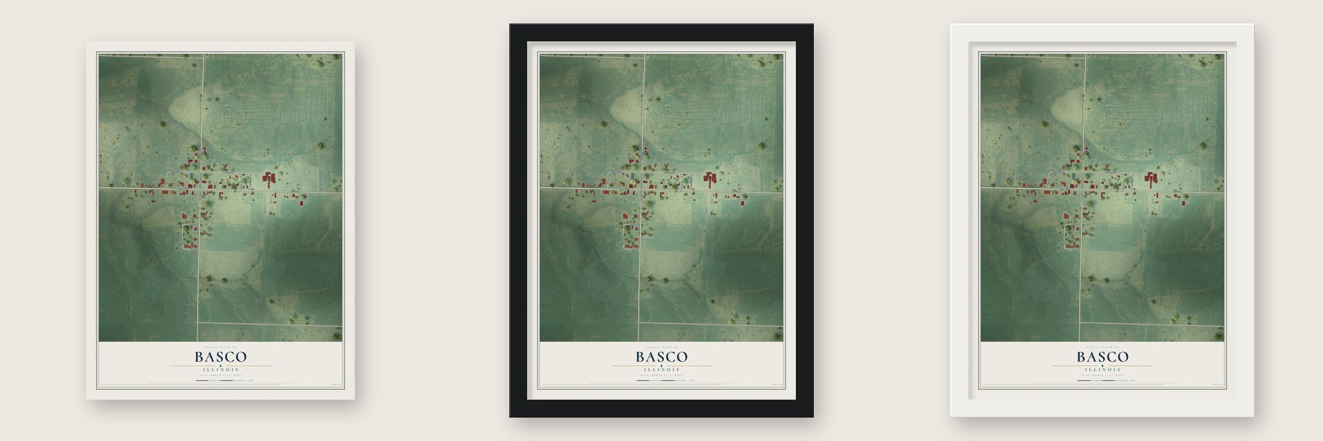 Basco, Illinois map unframed, in a black wood frame and in a white wood frame