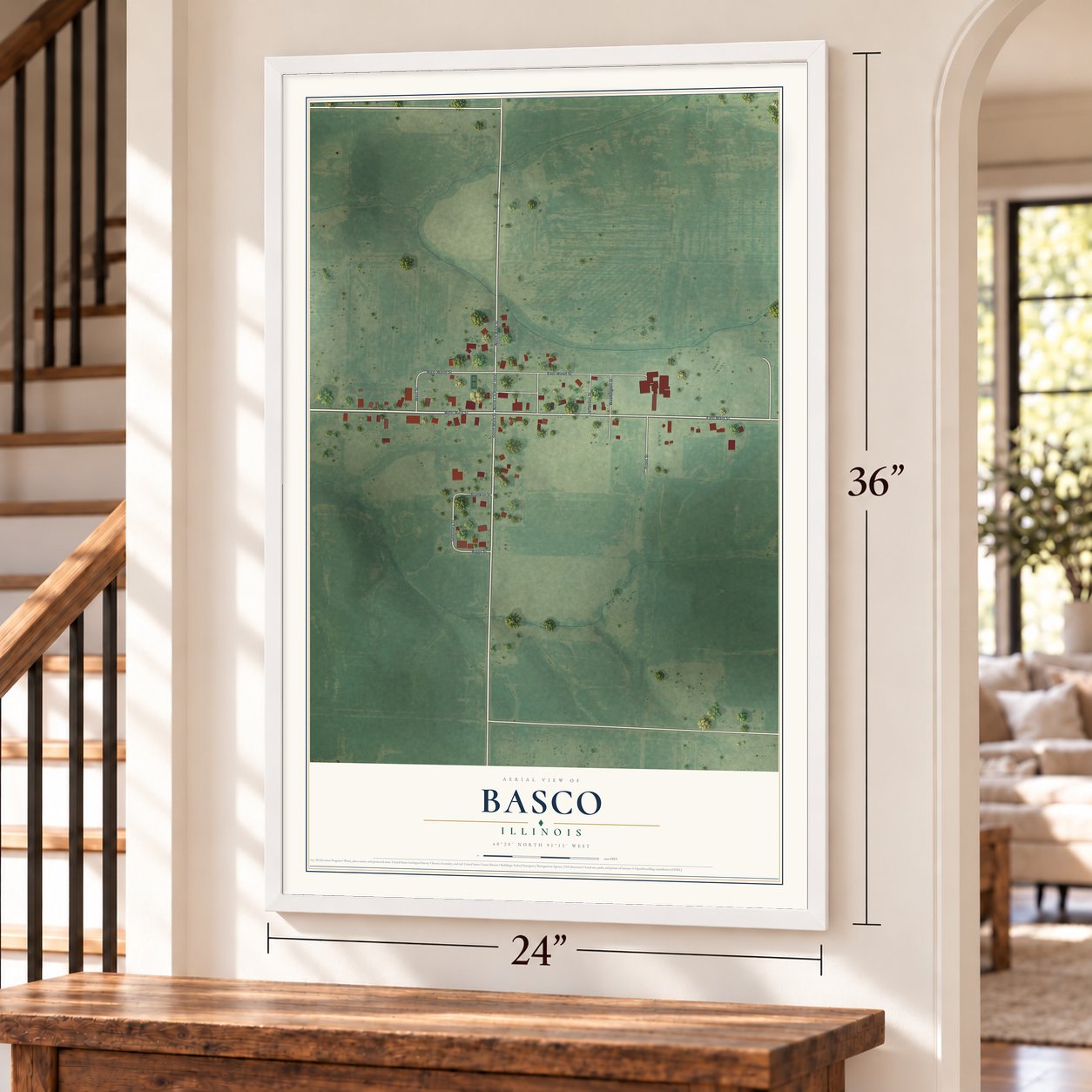 Basco, Illinois map, 24 x 36 inch print in a white frame by a staircase