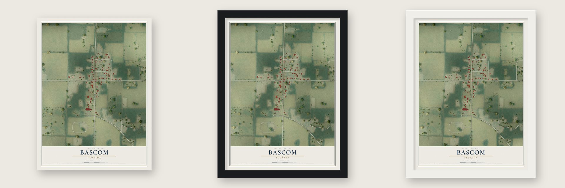 Bascom, Florida map unframed, in a black wood frame and in a white wood frame