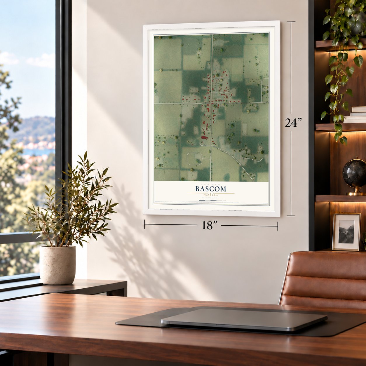 Bascom, Florida map, 18 x 24 inch print in a white frame in a home office