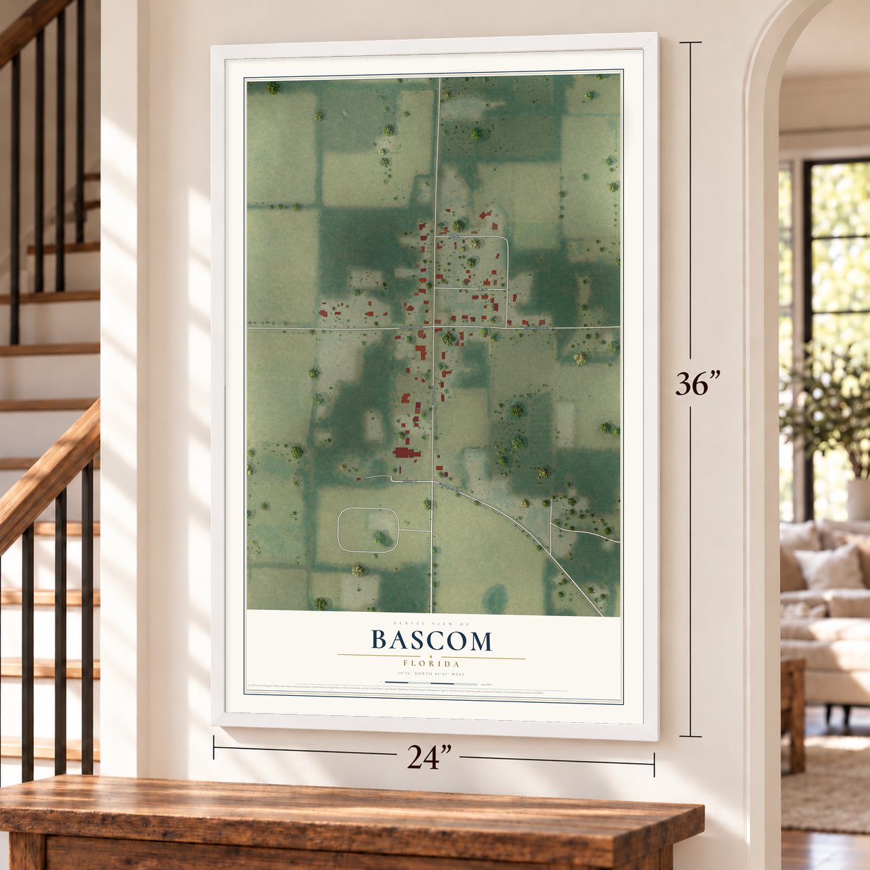 Bascom, Florida map, 24 x 36 inch print in a white frame by a staircase