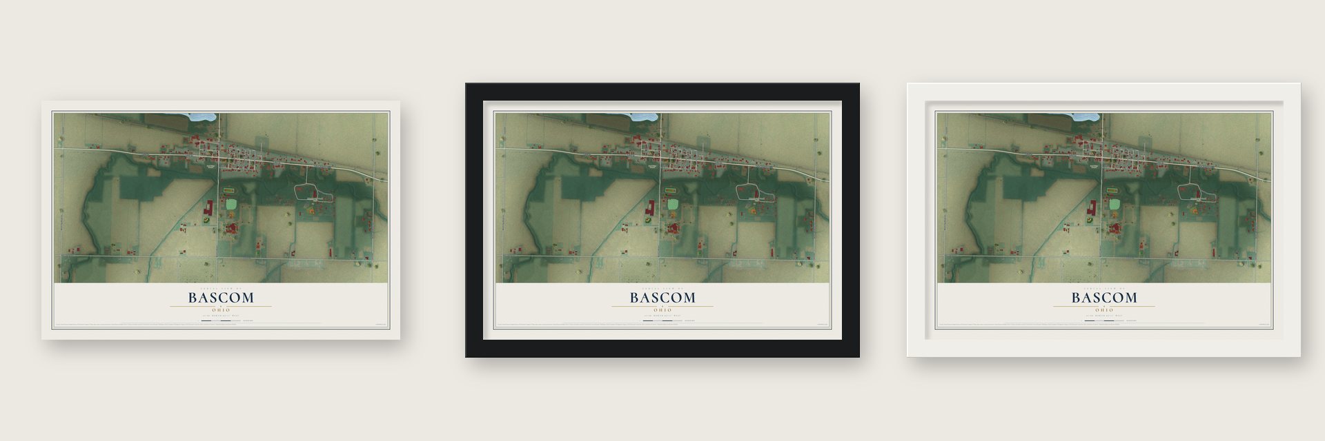Bascom, Ohio map unframed, in a black wood frame and in a white wood frame