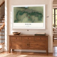Bascom, Ohio map, 24 x 36 inch print in a white frame above a dresser by a staircase