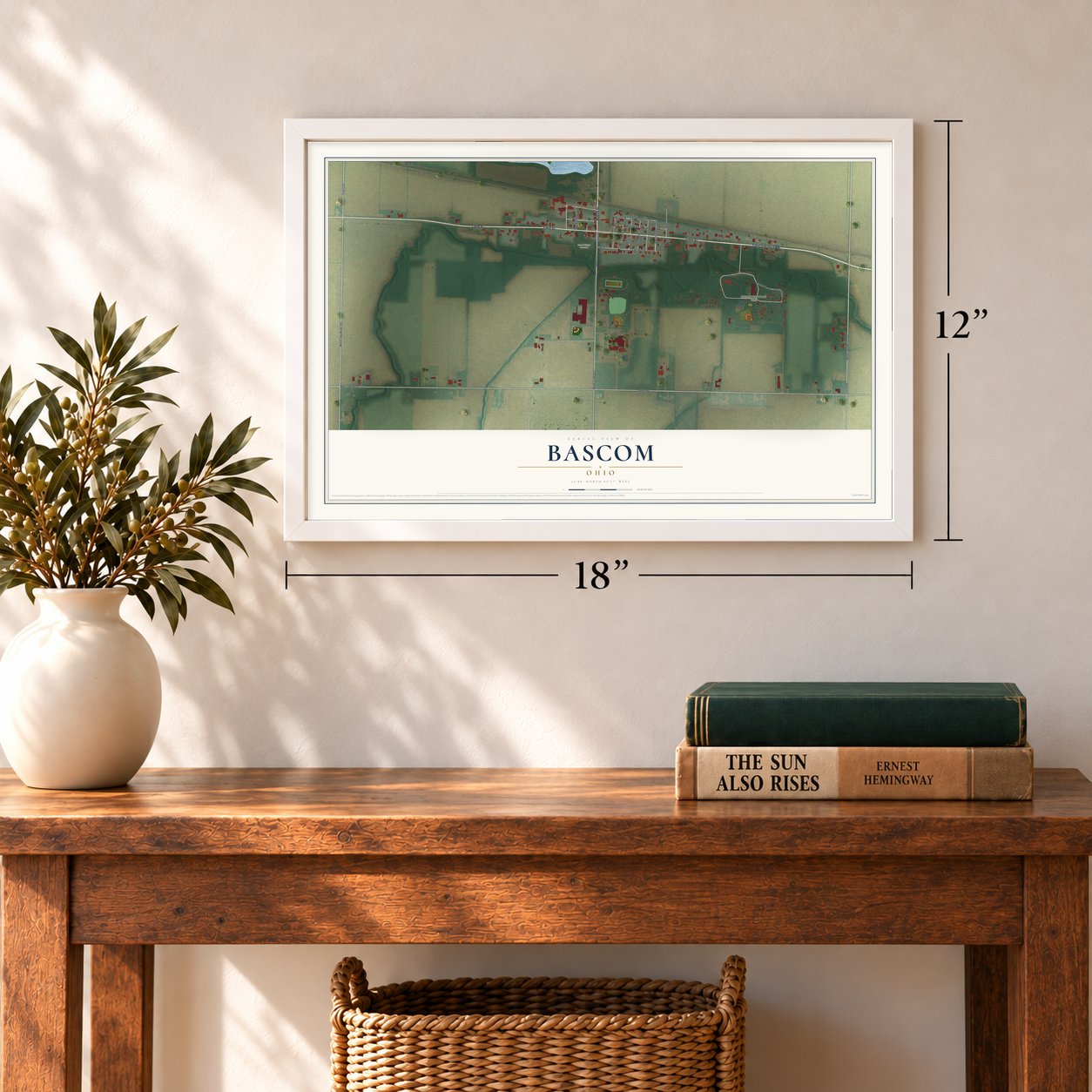 Bascom, Ohio map, 12 x 18 inch print in a white frame in an entryway