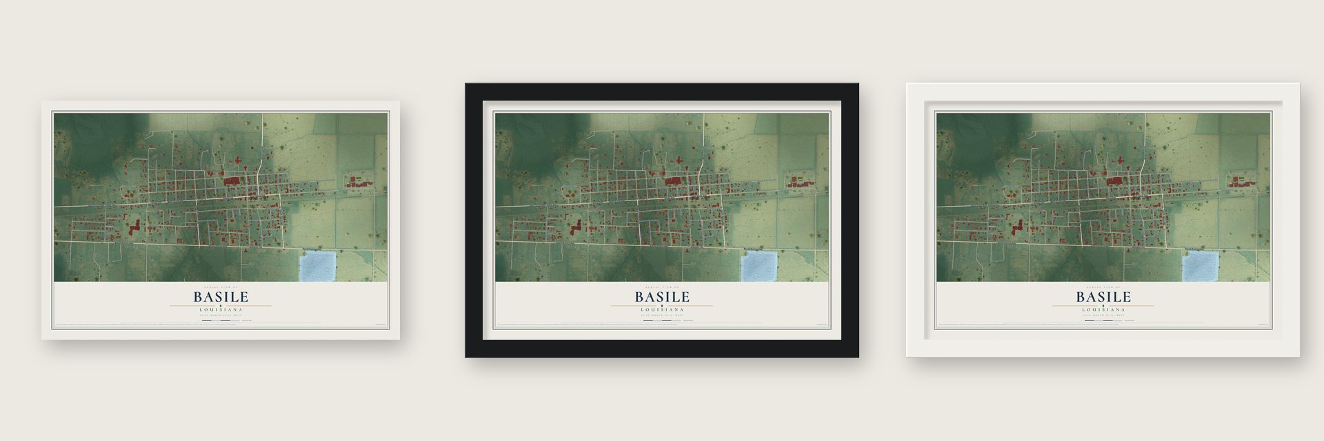 Basile, Louisiana map unframed, in a black wood frame and in a white wood frame