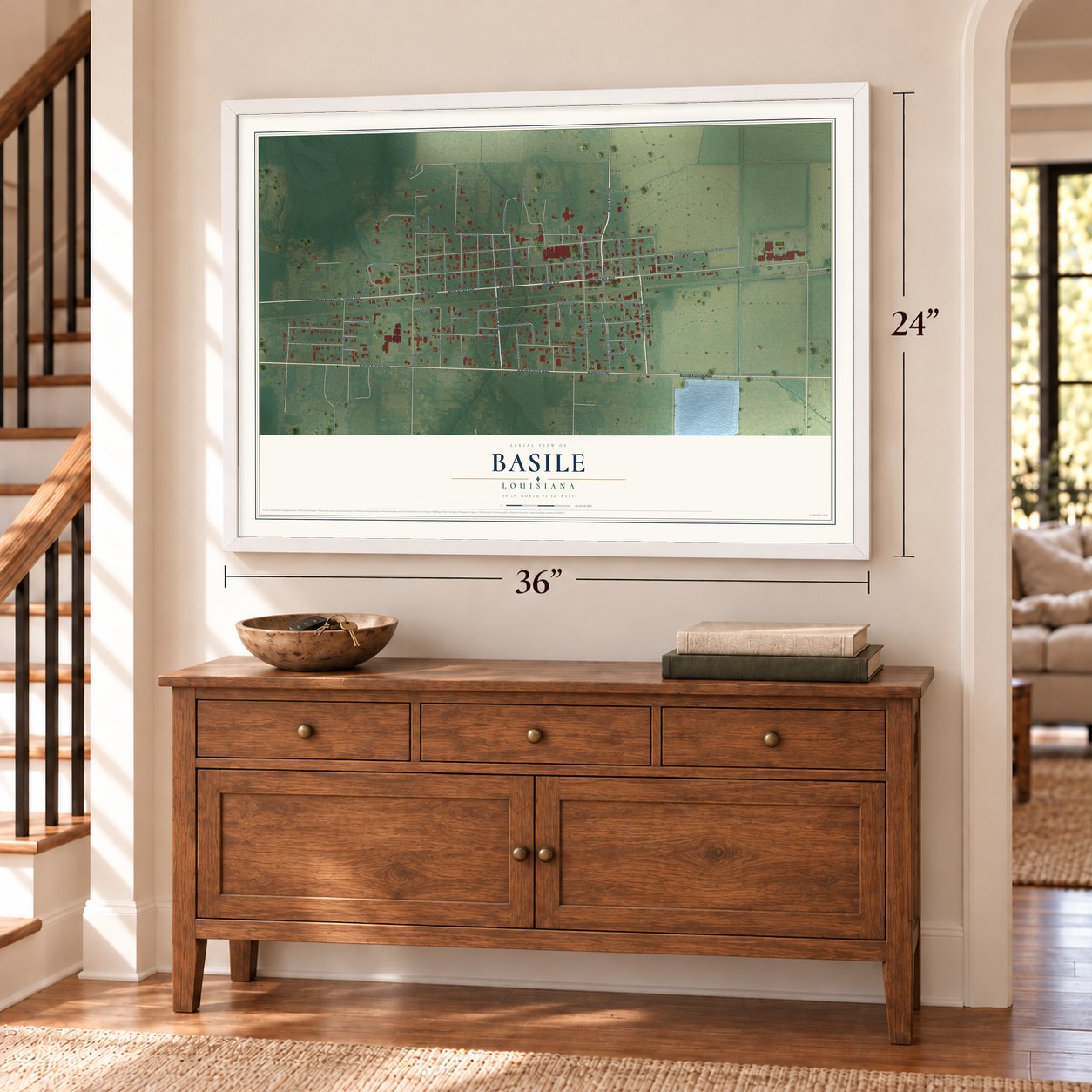 Basile, Louisiana map, 24 x 36 inch print in a white frame above a dresser by a staircase