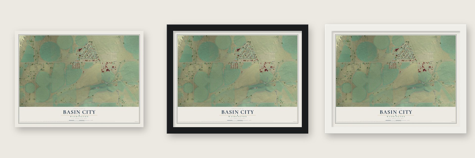 Basin City, Washington map unframed, in a black wood frame and in a white wood frame