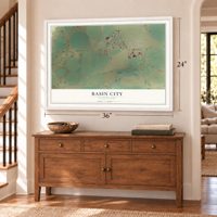 Basin City, Washington map, 24 x 36 inch print in a white frame above a dresser by a staircase