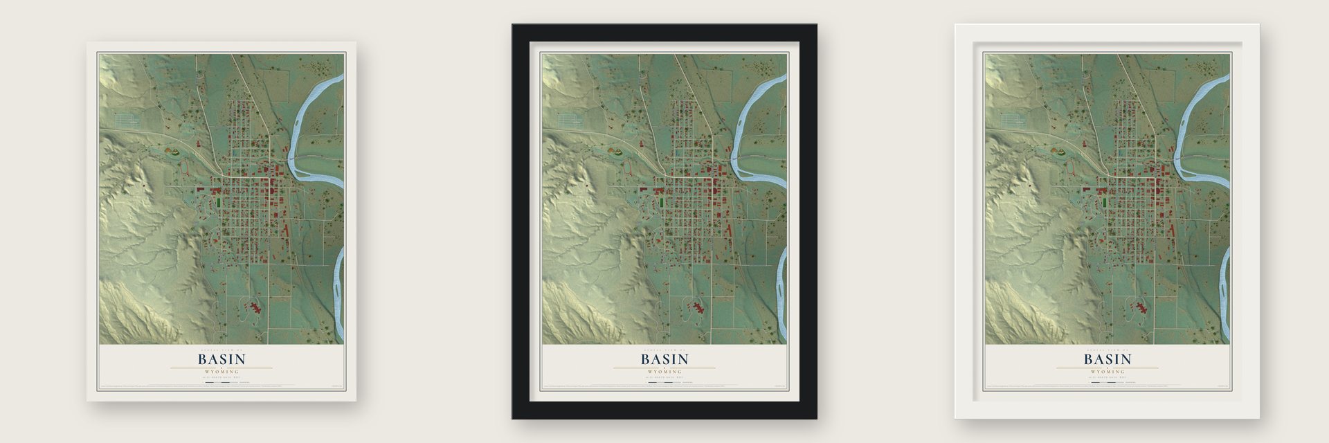Basin, Wyoming map unframed, in a black wood frame and in a white wood frame